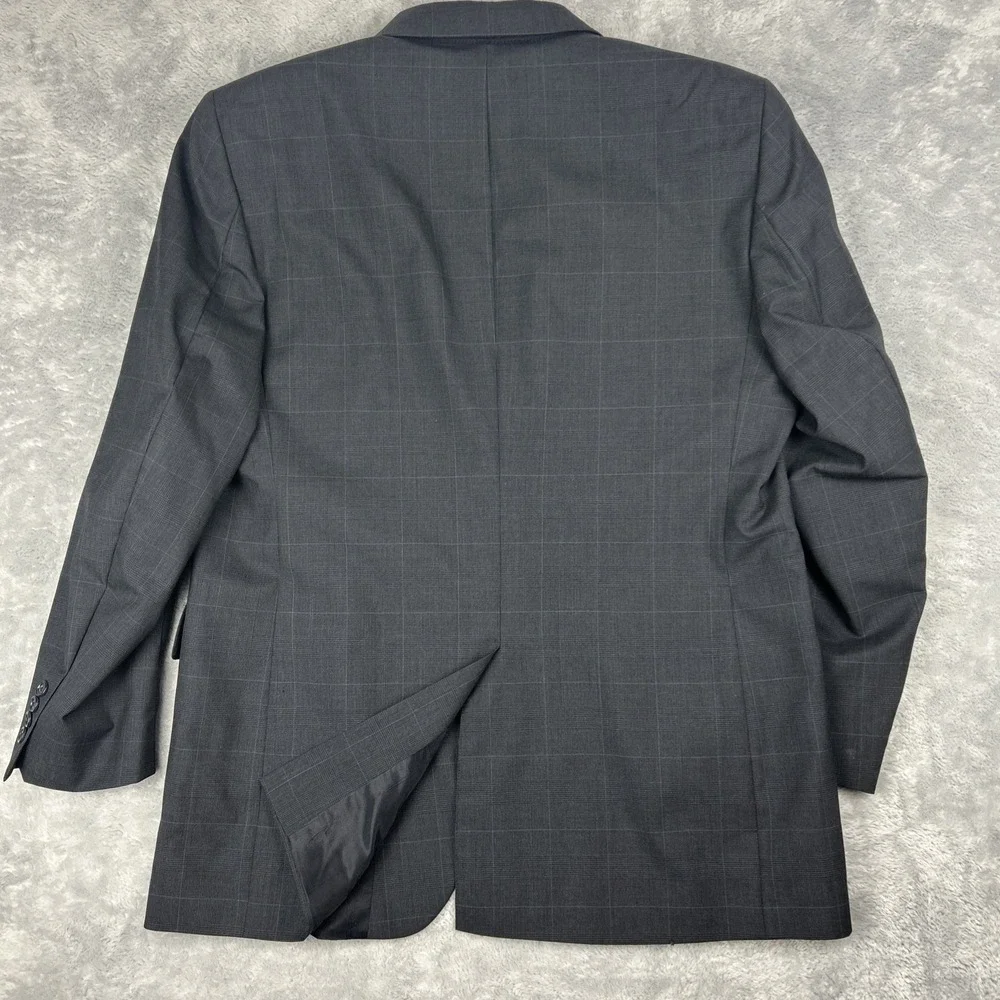 JoS A Bank‎ Men's 44L Sport Coat Blazer Charcoal Black Blue Windowpane 100% Wool